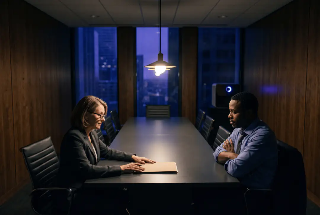 Two executives seated at opposite ends of a long boardroom table at night, a city skyline behind them.