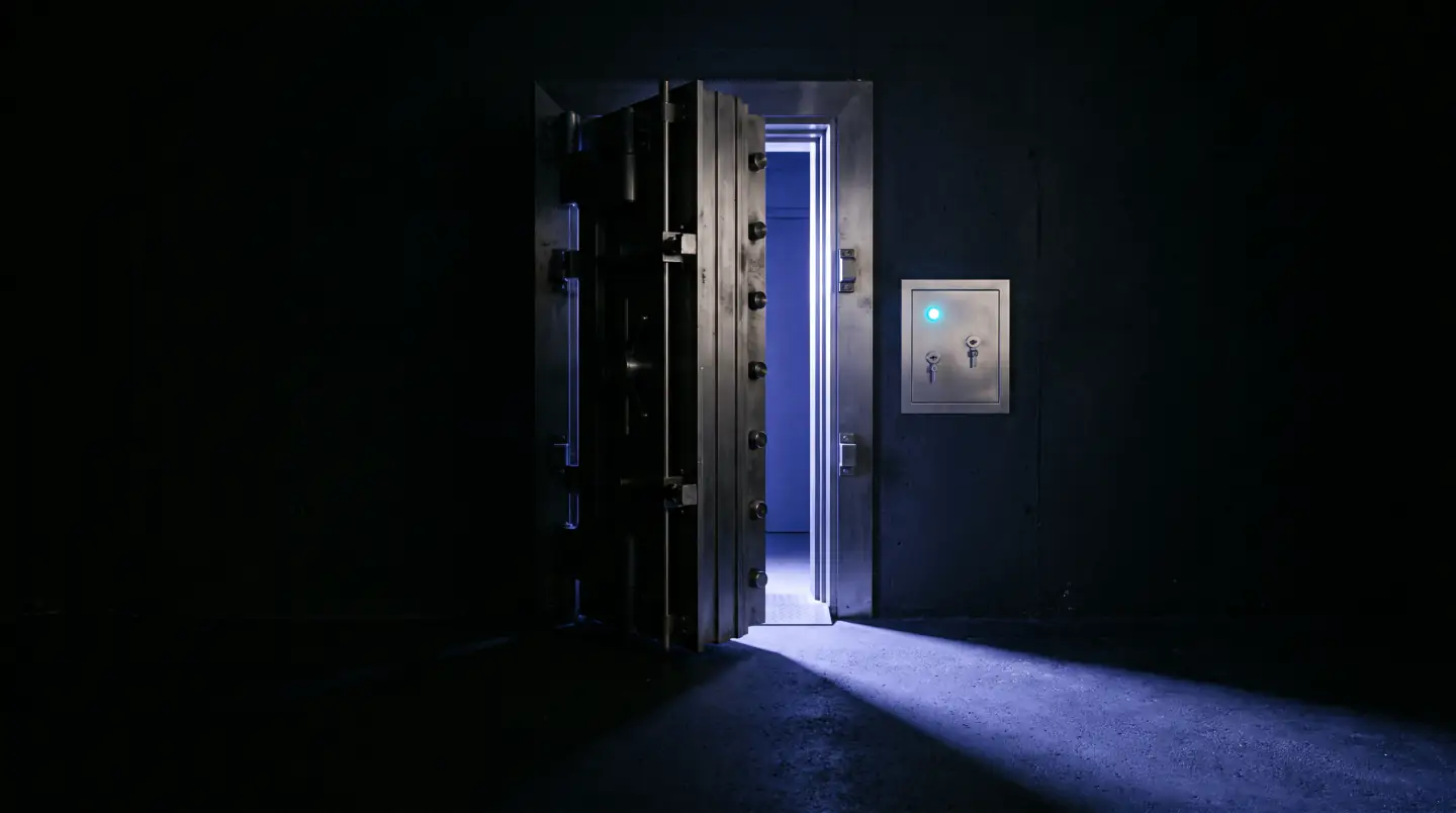 A heavy vault door standing partly open, light falling across the floor of a dark room.
