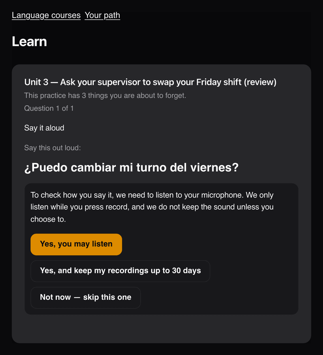 A Voxara speaking question showing the Spanish phrase to say aloud, and asking permission before listening, with options to keep recordings for up to 30 days or skip.